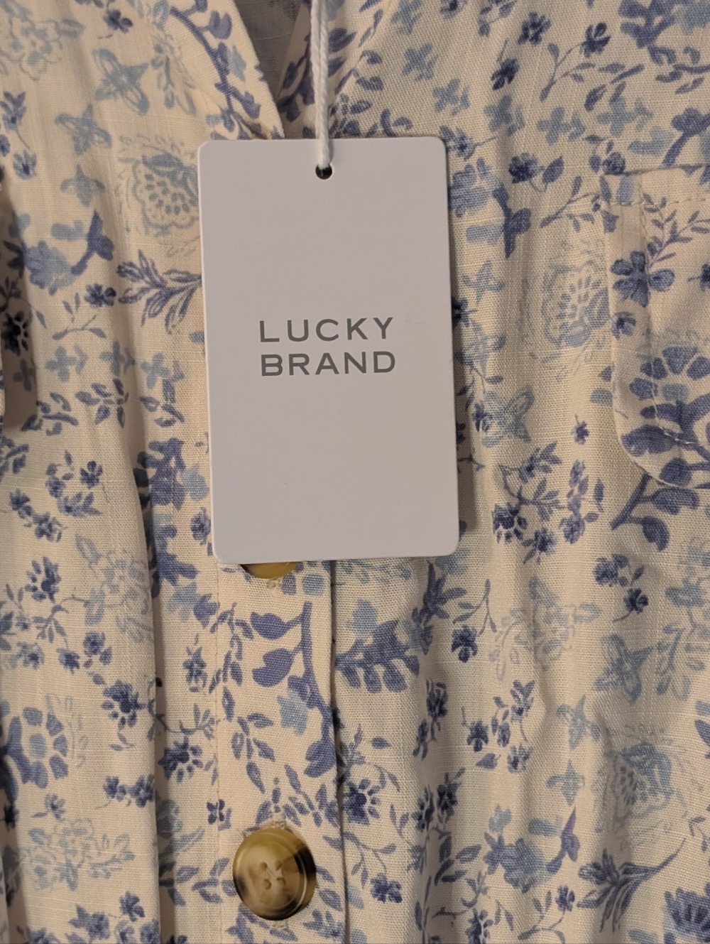NWT Short Sleeve Utility shirt Dress In sand & blue floral midi size Large boho - Picture 6 of 8